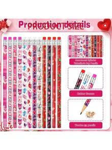 Valentine's Day Series Pencils & Stationery, Heart Pattern, Includes Eraser, Heart-Shaped Pencil Design, Writing & Art Supplies - Multicolor - View 3