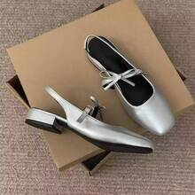 Zapatos Mary Jane de Plata de Nicho Francés con Lazo, Sandalias de Punta Cerrada, Primavera Verano 2025, Nuevos Zapatos Pequeños de Cuero, Zapatos Individuales - Plateado - Ver 2