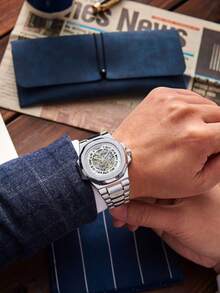 LONGLUX 1 件男士镂空自动机械表，带蝴蝶扣钢带，商务风格 - 銀色 - 查看 7