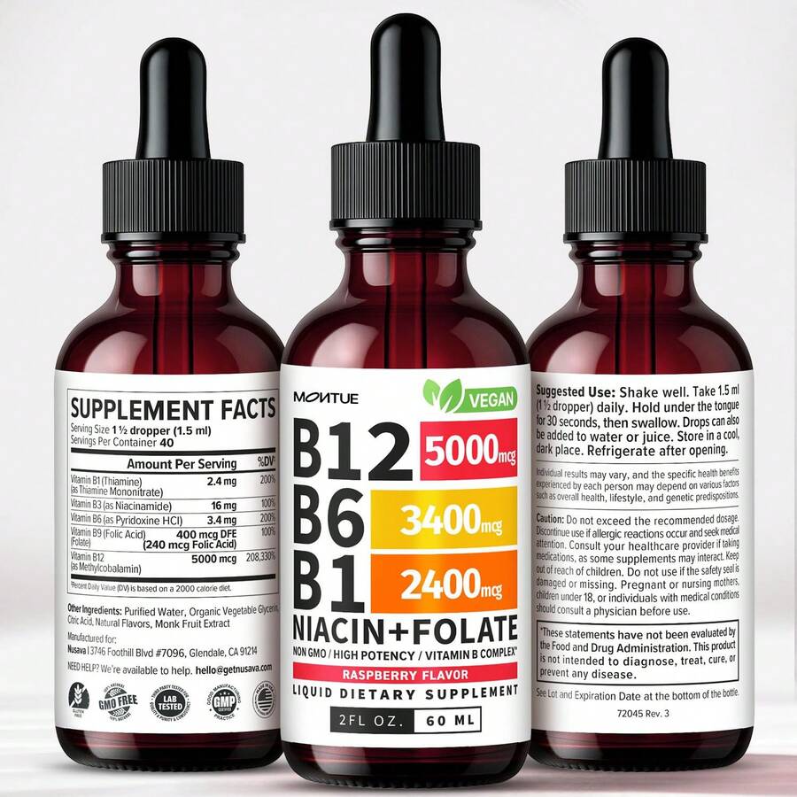 MONTUE Vitamin B12 And B6 Liquid Drops, B12 Sublingual Vitamin B Complex,Weight Loss Products - B 12 Vitamin 5000mcg - B12 Methylcobalamin For Energy, Brain, And Heart Support With 27,200 Mcg, Raspberry, 40 Servings - 1 chai - Xem 1
