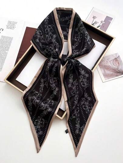 1pc,Double-Sided Printed Bow Pattern Silk-Like Polyester Contrast Trim For Daily Commute Date Office Black & Beige Delicate Print Scarf Chic Elegant Fall Winter Essential