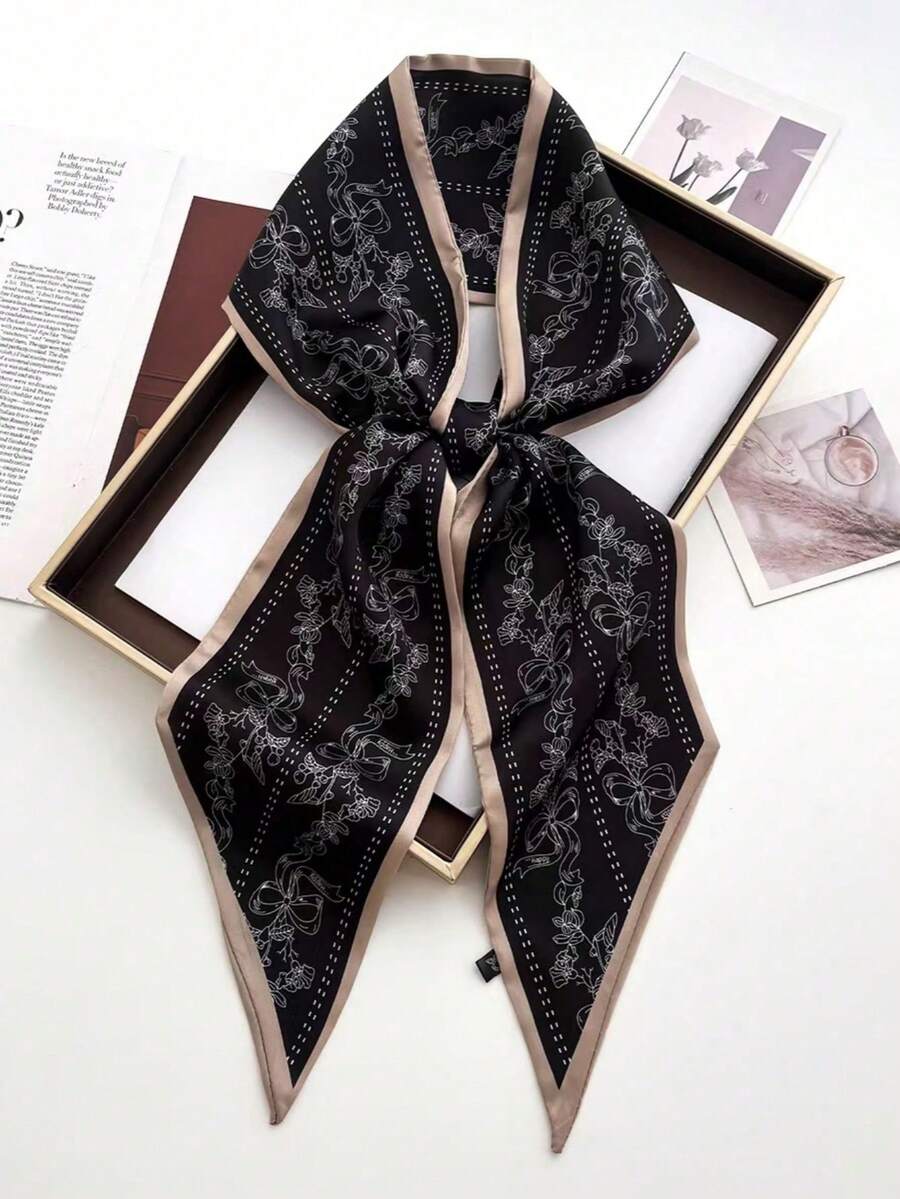 1pc,Double-Sided Printed Bow Pattern Silk-Like Polyester Contrast Trim For Daily Commute Date Office Black & Beige Delicate Print Scarf Chic Elegant Fall Winter Essential