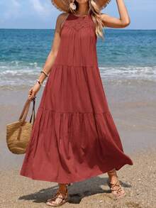 Women Summer Sleeveless Loose Dress Casual Hollow Out Halter Sleeveless Boho Long Sundress Spring Beach Holiday Vacation Valentine Long Maxi Dress - 鐵鏽紅 - 查看 3