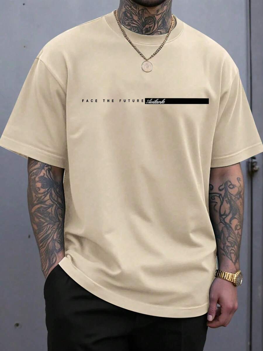 男士休闲字母条纹印花圆领短袖T恤 - 米色 - 查看 1