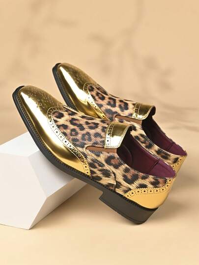 1 Pair Men's Leopard Print Faux Leather Slip-On Low Heel Round Toe Rubber Sole Comfortable Business Casual Loafers For Daily Office Wear