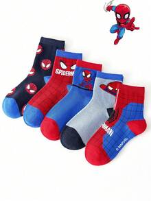 Marvel 5双儿童袜子，超级英雄蜘蛛侠袜子，女童中筒袜，韩国卡通，适合秋冬，男童袜子