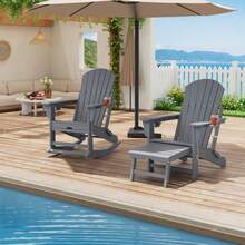 Techigher Folding Adirondack Rocking Chair, Multifunctional Patio Chair With Retractable Ottoman, HDPE Outdoor Lawn Chair With Cup Holders For Porch, Backyard, Pool - Grey - View 8