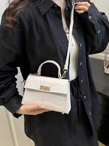 1 pieza Bolso de mano de unicolor de moda con solapa de PU con relieve y cierre de metal - Blanco - Ver 4