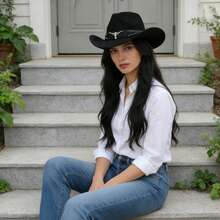 Men Women Cowgirl Hat Wide Brim Stylish Bull Head Belt Leather Design Western Cap For Daily Life Party - màu đen - Xem 1