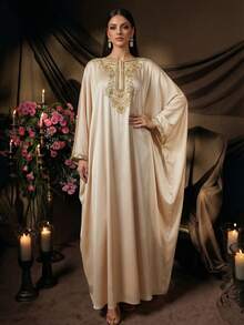 AmazingHoney Elegante bata de kaftan de color crema con detalles bordados en dorado, mangas de murciélago, bata de fiesta abaya, bata de kaftan, bata abaya (corte holgado - por favor, consulte la tabla de tallas) - Albaricoque - Ver 3
