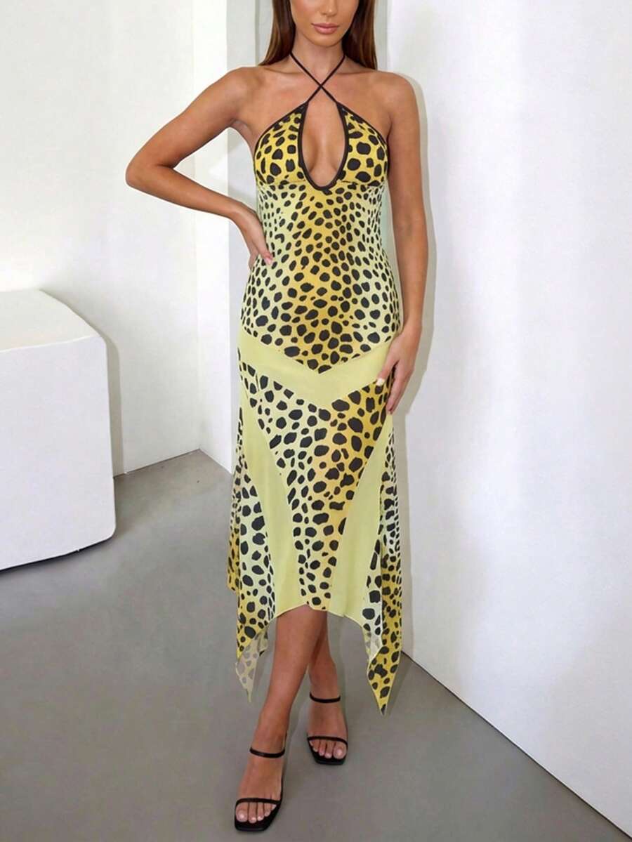 Leopard Print Backless Fitted Camisole Dress, Summer - Yellow - View 1
