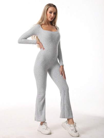 European & American Style Ribbed Tight Long Sleeve Yoga Jumpsuit For Women, Butt Lifting Flare Pants, Fitness Workout Jumpsuit