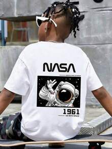 Camiseta de Manga Corta de Algodón para Niños Impresión de con Astronauta y Frase GO INTO SPACE 1961 Estilo Temático Espacial Verano Suelta Cuello Redondo Top Casual - Blanco - Ver 4
