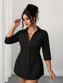 Elegant Black Ruched Waist Ruffle Hem Shirt, Fitted 3/4 Sleeve Button Down Blouse, Women's Casual Office Work Top - Black - View 3