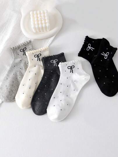 5双装儿童柔软短款腿套，荷叶边下摆，波点蝴蝶结印花，黑/白/灰中性色，透气弹力休闲腿套套装