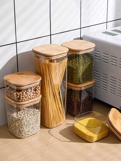 1pc Food Storage Containers With Airtight Bamboo Lids, 460ml, 1100ml, 2400ml - Sturdy, Food Storage Containers, Clear PET Canister Food Jar With Sealing Lid Kitchen Pantry Storage Container For Spaghetti Pasta Sugar Flour Cereal Beans, Square