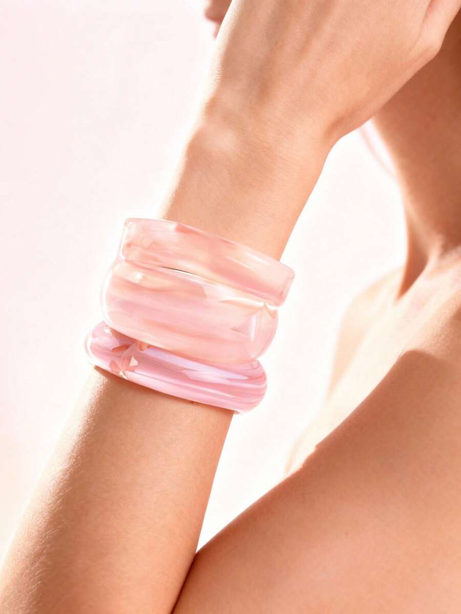1Pc Women Acrylic Beacelet Fashion Asymmetrical Geometric Bangle Pink Series, For Ladies's Party, Valentine's Day Wedding And Daily Wear Jewelry - Style 1 - View 1