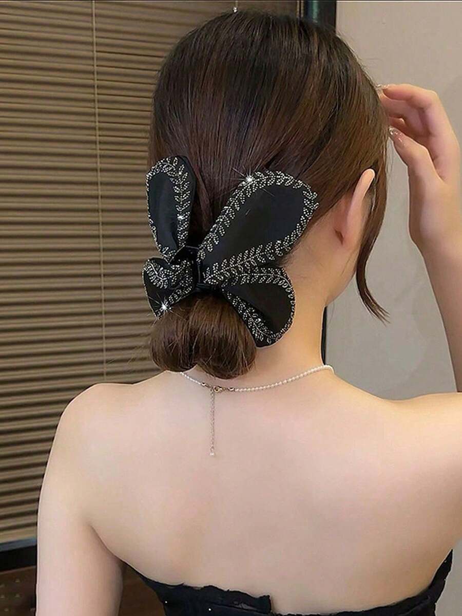 1pc Elegant Fashion Wheat Ear Hair Claw With Rhinestones, High-End Stylish Hairclip For Thick Hair, Suitable For Daily Wear (Wheat Ear Direction Random) Women Hair Accessories Elegant Claw Clip Fashion Hair Clips - Black - View 1