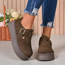 Retro Suede Women Thick Sole Casual Loafers, Buckle Decor Slip On Design For Easy Wear, Hollow Platform Thick Sole, Fashionable For Daily And Commuting Wear In Autumn/Winter - Brown - View 9