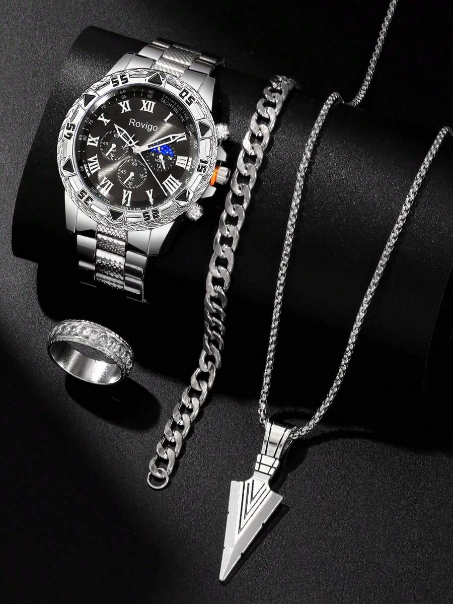 4-Piece Silver Men's Watch Set, Includes 1 Silver Tone Multi-Function Watch With Roman Numeral Dial, 1 Silver Chain Bracelet, 1 Arrow Pendant Necklace, And 1 Engraved Ring. The Set Features A Sleek Silver-Tone Finish And Arrow Design Elements, Exuding A Sophisticated And Elegant Appeal. Suitable For Various Occasions Such As Holiday Parties, Casual Commuting, And Everyday Wear. - Silver - View 1