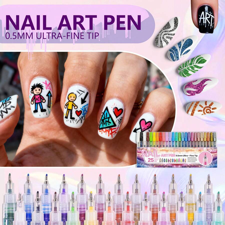 13/25pcs Nail Art Marker Pens, Nail Cleaning Pens, Nail Art Painting Pens, DIY Nail Highlighter & Outline Pens, Nail Marker Pens, ABS Nail Marker Pen Set