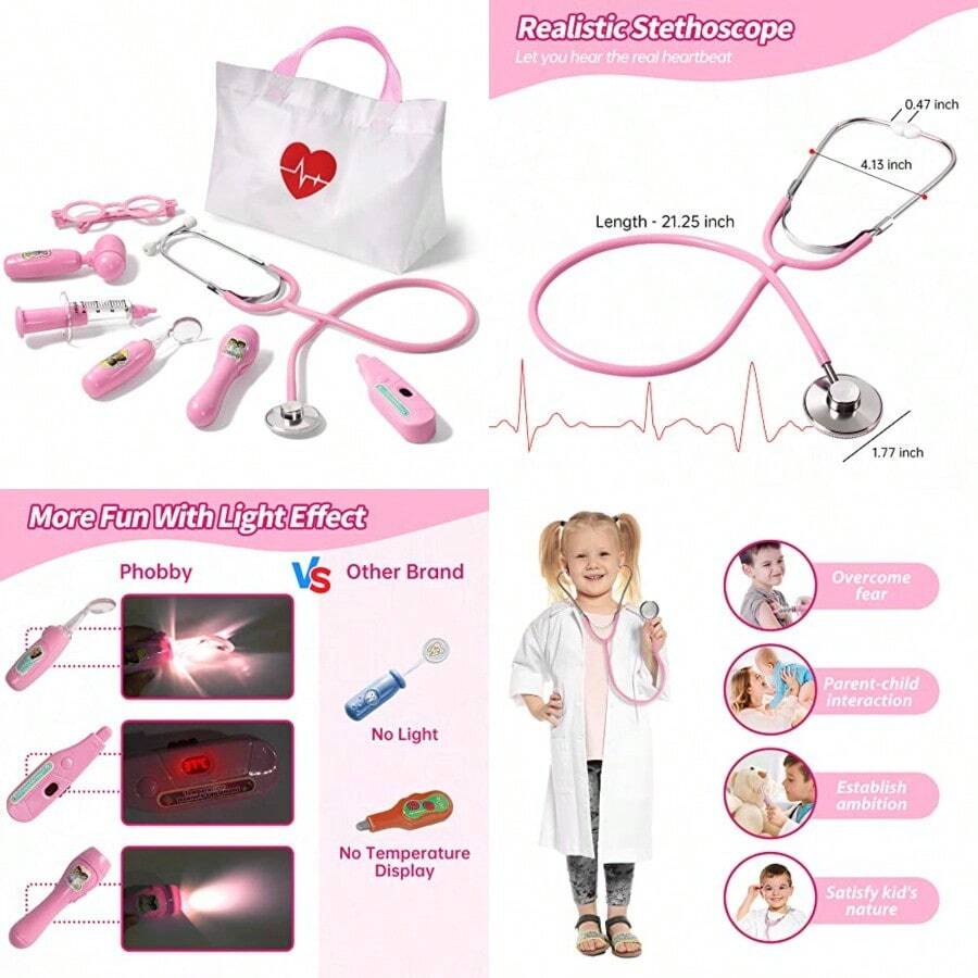 Doctor Kit 8 Pieces Toddlers Doctor Playset With Medical Storage Bag And Real Stethoscope Pretend Play Doctor Toys Birthday Gift For Boys Girls Aged 3 4 5 6 PinkFull Of Fun - 粉色 - 查看 1