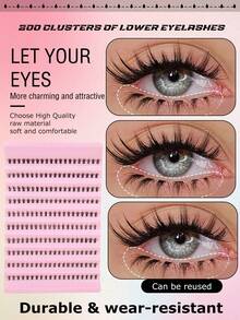 200片C型卷翘下睫毛 - 自然逼真，可重复使用，适合新手DIY嫁接，简单易用，沙龙品质，持久耐用，假睫毛嫁接，睫毛簇，单根睫毛，假睫毛