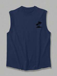 1pc Men's Casual Coconut Tree Print Round Neck Tank Top, Summer - Navy Blue - View 3