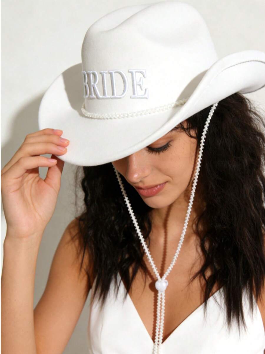 1pc Solid White Wedding Hat, Unique Embroidered Letter "Bride" White Boho Cowgirl Hat, Music Festival Felt Hat, Panama Hat With Ribbon Decor, Suitable For Outdoor, Western Music Festival, Party, Western Gathering, Wedding - Bride - View 1