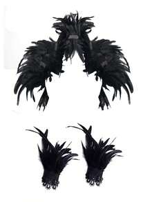 女士哥特式黑色羽毛披肩斗篷，复古乌鸦角色扮演配饰，万圣节天鹅女巫服装，波西米亚风格时尚配饰 - 羽毛護肩 - 查看 1