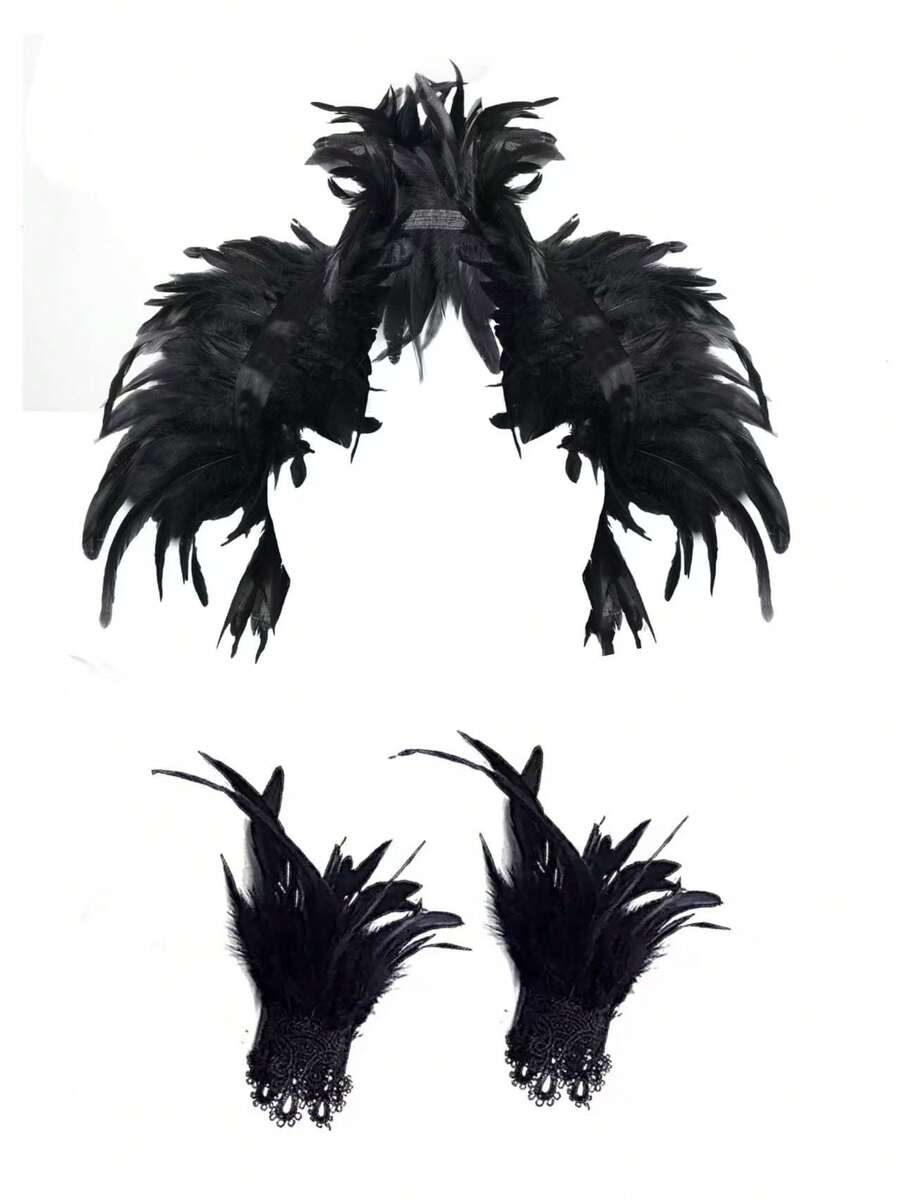 女士哥特式黑色羽毛披肩斗篷，复古乌鸦角色扮演配饰，万圣节天鹅女巫服装，波西米亚风格时尚配饰 - 羽毛護肩 - 查看 1