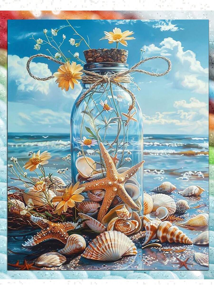 5D Diamond Art Kits For Adults Shell, Full Drill DIY Rhinestone Embroidery Set Paint With Diamonds Art Bottle On The Beach By Number Kits Cross Stitch Home Wall Craft Decoration - Multicolor - View 1