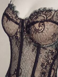 黑色蕾丝细肩带性感女士文胸，蕾丝边紧身文胸，适合日常穿着、私人派对、生日聚会等场合，时尚百搭，性感蕾丝女士文胸 - 黑色 - 查看 5