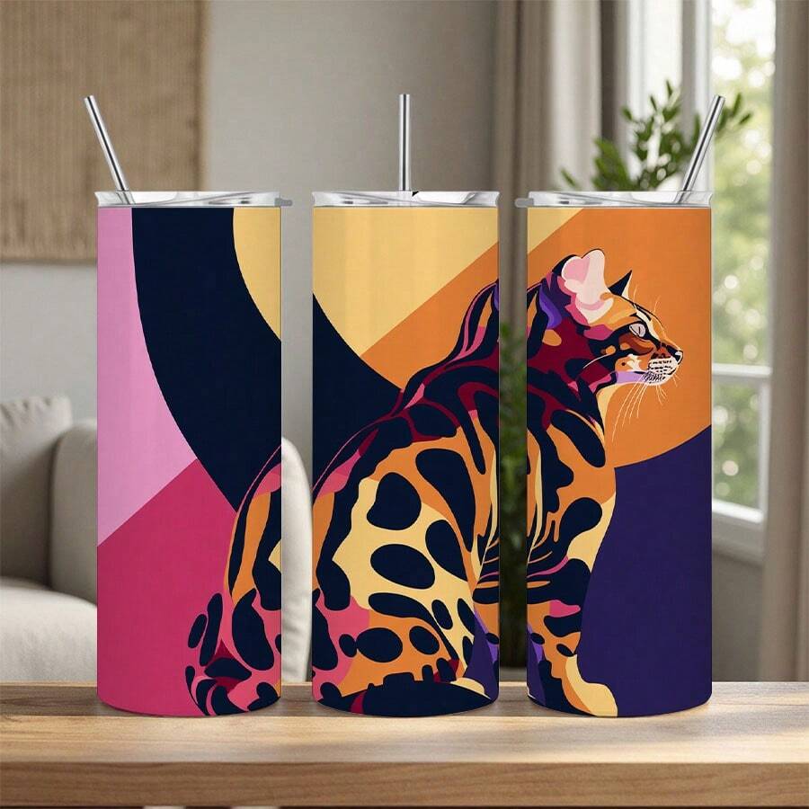 1pc 20oz Vibrant Bengal Cat Insulated Tumbler With Lid & Straw - 304 Stainless Steel, Durable & Stylish For Sports, Outdoor Activities, Perfect Gift Idea, Outdoor Hydration|Artistic Tumbler|Durable Construction - 1pc - 查看 1