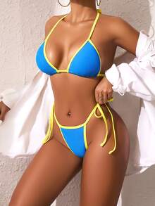 2pcs Women's Swimsuit Set, Yellow & Blue Contrast Color Tie-Up Crop Top And Tie-Side Bikini Bottom, Summer - Blue - View 2