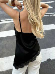 Women's Casual Soft Silky Lace Hollow Asymmetric Hem Fitted Camisole Top, Spring/Summer - Black - View 8