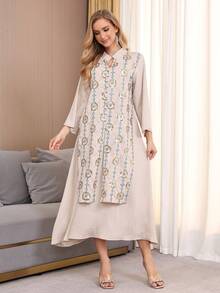 2026 New Style Ramadan Traditional Elegant V-Neck Long Sleeve Embroidered Beaded Arabic Women Dress JALABIA - Apricot - View 8