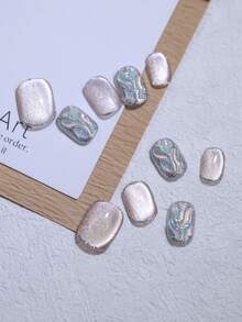 Luxury Shiny Glitter Grape Rhinestones Decoration 10pcs Short Round 100% Handmade Press On Nails Khaki Nude Cat's Eye Fake Nail Tips Reusable Manual Nails French Style For Party And Bride Nail Beauty False Nails Fast Use Nail Supplies - Khaki - View 5