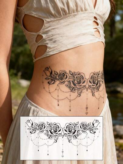 STARTTOOS Svart stor bröst tillfällig tatuering, romantisk alla hjärtans dag ros/vildros/rosett/nymåne/tofs viktoriansk retrostil tillfälliga sexiga falska tatueringsklistermärken lämpliga för bröst, mage och rygg gör-det-själv karneval/alla hjärtans dag/fest/festivalpresenter, vattentäta realistiska kroppstatueringsklistermärken 1-pack