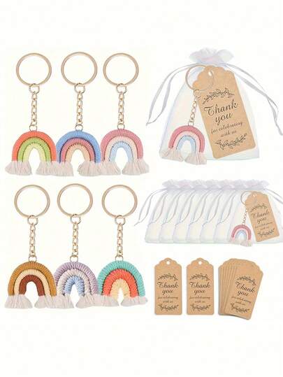 Their Gift 6pcs/2sets, 12pcs/4sets Boho Style Rainbow Woven Keychain Party Favor Set - Includes 2/4 Handmade Keychains, 2/4 Drawstring Bags, 2/4 Thank You Cards, Suitable For Wedding, Birthday, Bachelorette, Christmas Party, And Bar