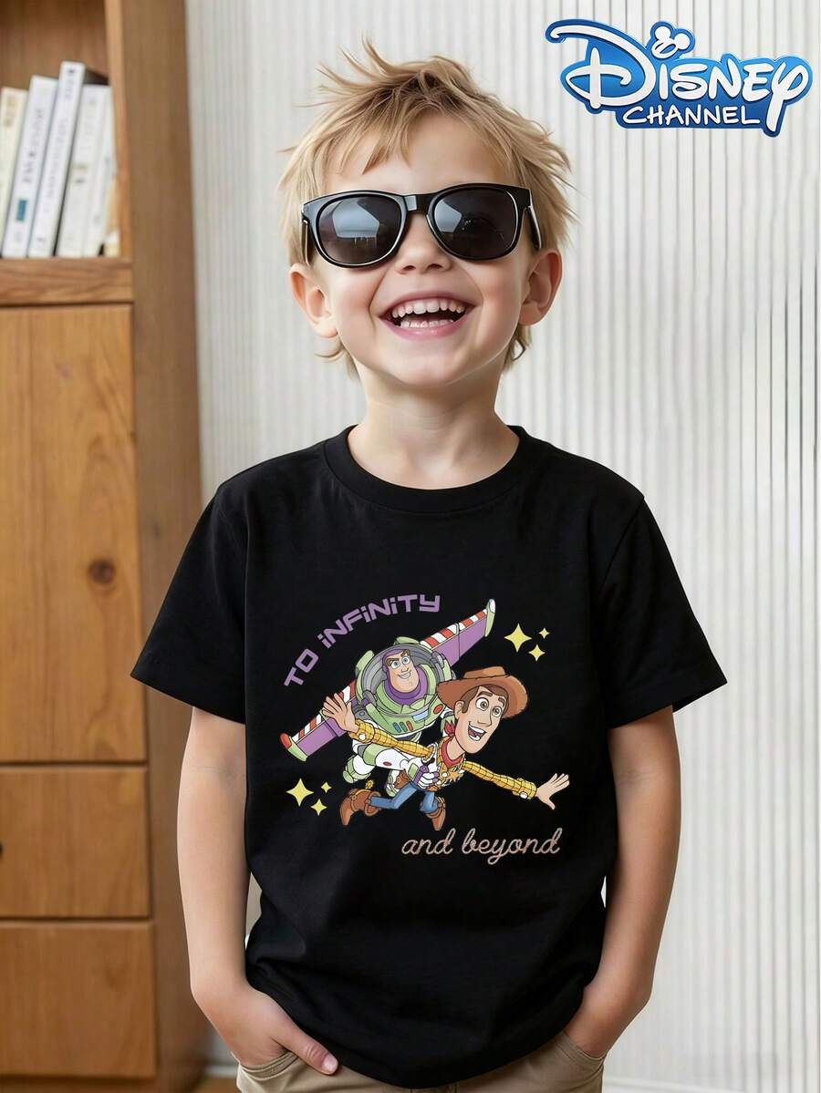 Disney 'Toy Story' Judy And Buzz Lightyear Patterned Crew Neck Summer T-Shirt, Suitable For Boys And Girls To Wear For Holiday Parties, Dinners, Outdoor Play, Traveling, And As A Gift For Children Visiting Disneyland. - màu đen - Xem 1