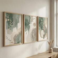 Japandi植物禅意墙画三件套，抽象水彩叶子海报，鼠尾草绿米色印花，极简主义花卉艺术，现代禅意装饰，家居装饰客厅，墙面装饰，无框 - 彩色 - 查看 5