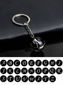 1pc 26 English Alphabet Time Gem Double-Sided Glass Ball Keychain Metal Key Chain Accessory Small Gift - Silver - View 2