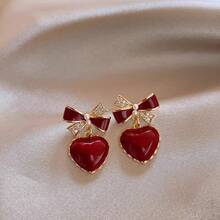 1 Pair Red Bow Heart Shaped Valentine's Day Earrings - A Pair Of Red Bow Heart-shaped Valentine's Day Earrings - View 1