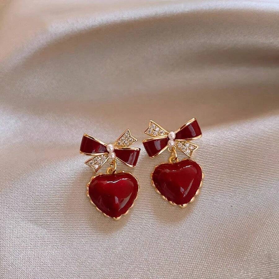 1 Pair Red Bow Heart Shaped Valentine's Day Earrings - A Pair Of Red Bow Heart-shaped Valentine's Day Earrings - View 1