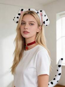 3件套达尔马提亚犬头饰套装，包括头箍、项链和尾巴装饰，适合男女参加节日派对、角色扮演和化装舞会。 - 彩色 - 查看 3