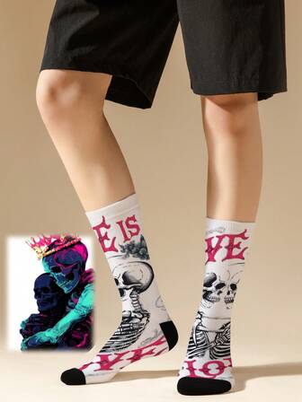 1/2/3 par herrstrumpor med 3D-tryck, ankellånga, vita personliga vardagsstrumpor, sportsstrumpor, parstrumpor, modestrumpor, hiphop-stil, korta strumpor, dödskallemönster för par, lämpliga för alla hjärtans dag-tema, lämpliga för vardagskläder, festivaler, fester och alla årstider