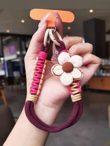 1pc Floral Braided Wrist Strap, Short Wristlet Phone Lanyard With Dopamine Flower Decor, Comfortable Cotton Rope, Soft Hanging Accessory For Phone Case, Anti-Lost, Elegant Bracelet With Clip - Multicolor - View 7