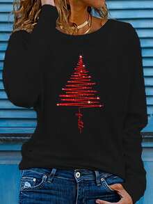 Gradient Red Shiny Christmas Tree Fusion Faith Letter Print Casual Comfortable Versatile Long Sleeve T-Shirt Suitable For Travel Vacation Leisure Sports Daily Commute 43592025