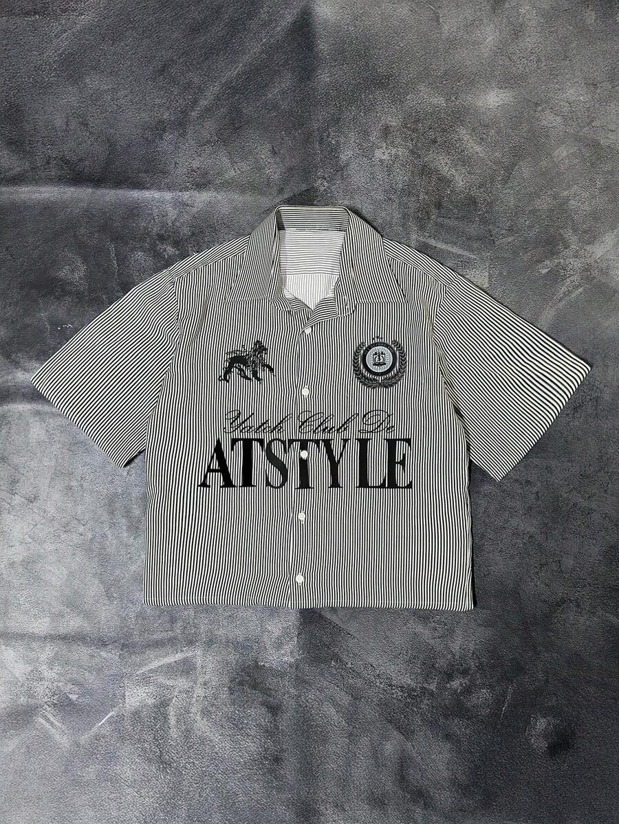 男士休闲常春藤风格条纹字母印花短袖衬衫，夏季 - 彩色 - 查看 1